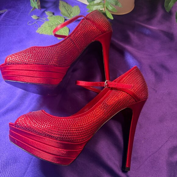 📌Michael Adelia Red Sparkle 5" High Heel Open Toe Pumps w/Straps  Worn Once 10M - Picture 3 of 15